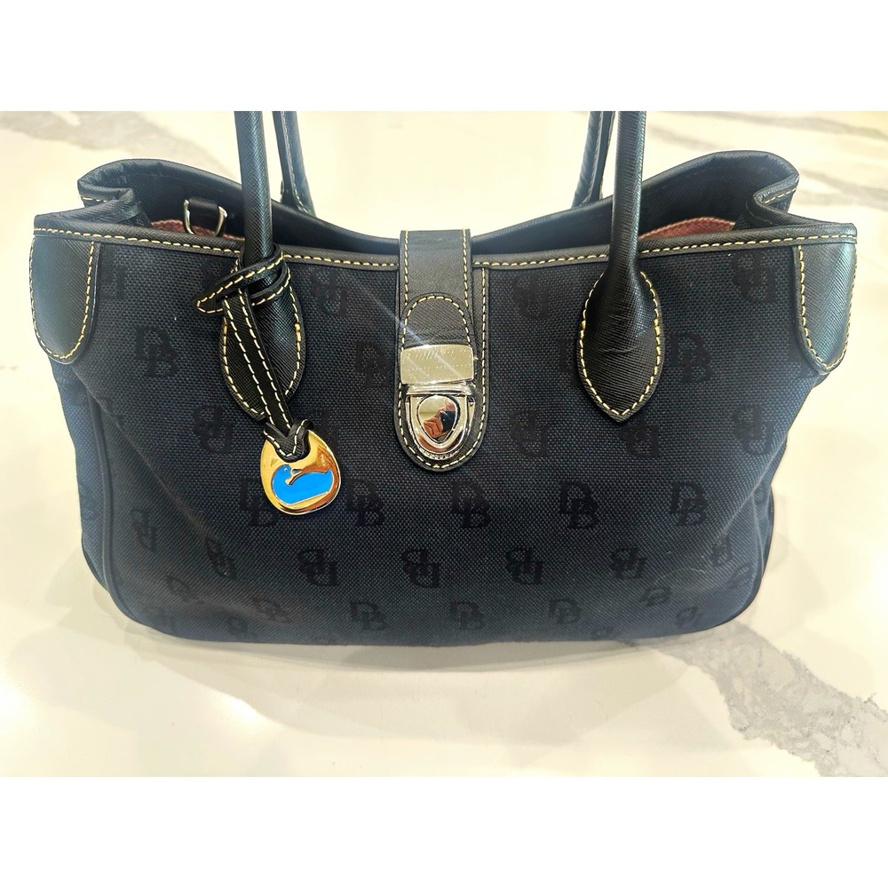 Dooney & Bourke Black SignatureCanvas Satchel Turn Lock Pink Lining Leather Trim